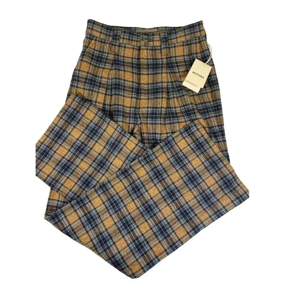 NWT! Mother Delta Dawn Size 25 Brown Tweed Plaid Pleated Trouser Pants